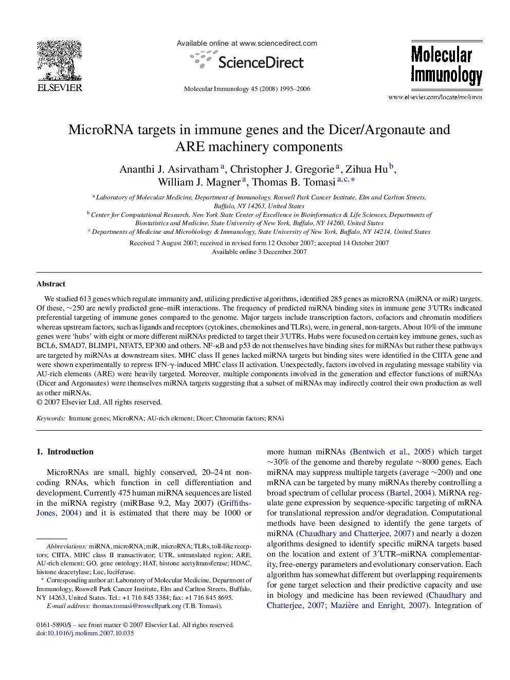 MicroRNA targets in immune genes and the Dicer/Argonaute and ARE machinery components