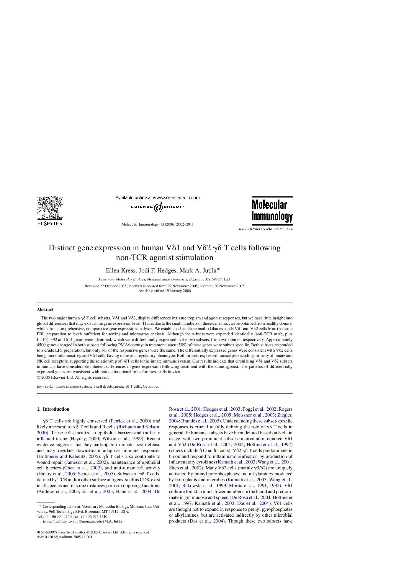 Distinct gene expression in human Vδ1 and Vδ2 γδ T cells following non-TCR agonist stimulation