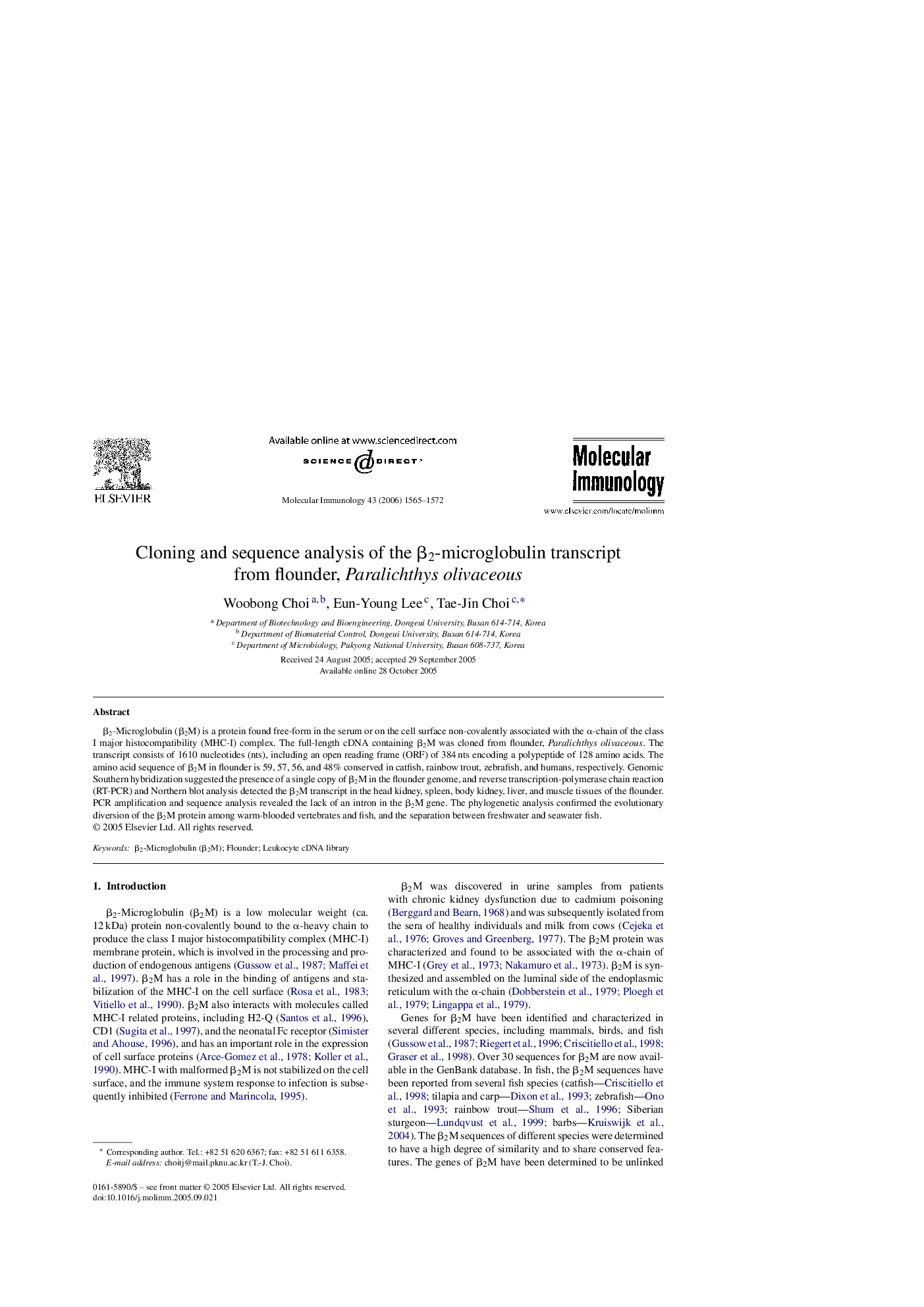 Cloning and sequence analysis of the β2-microglobulin transcript from flounder, Paralichthys olivaceous