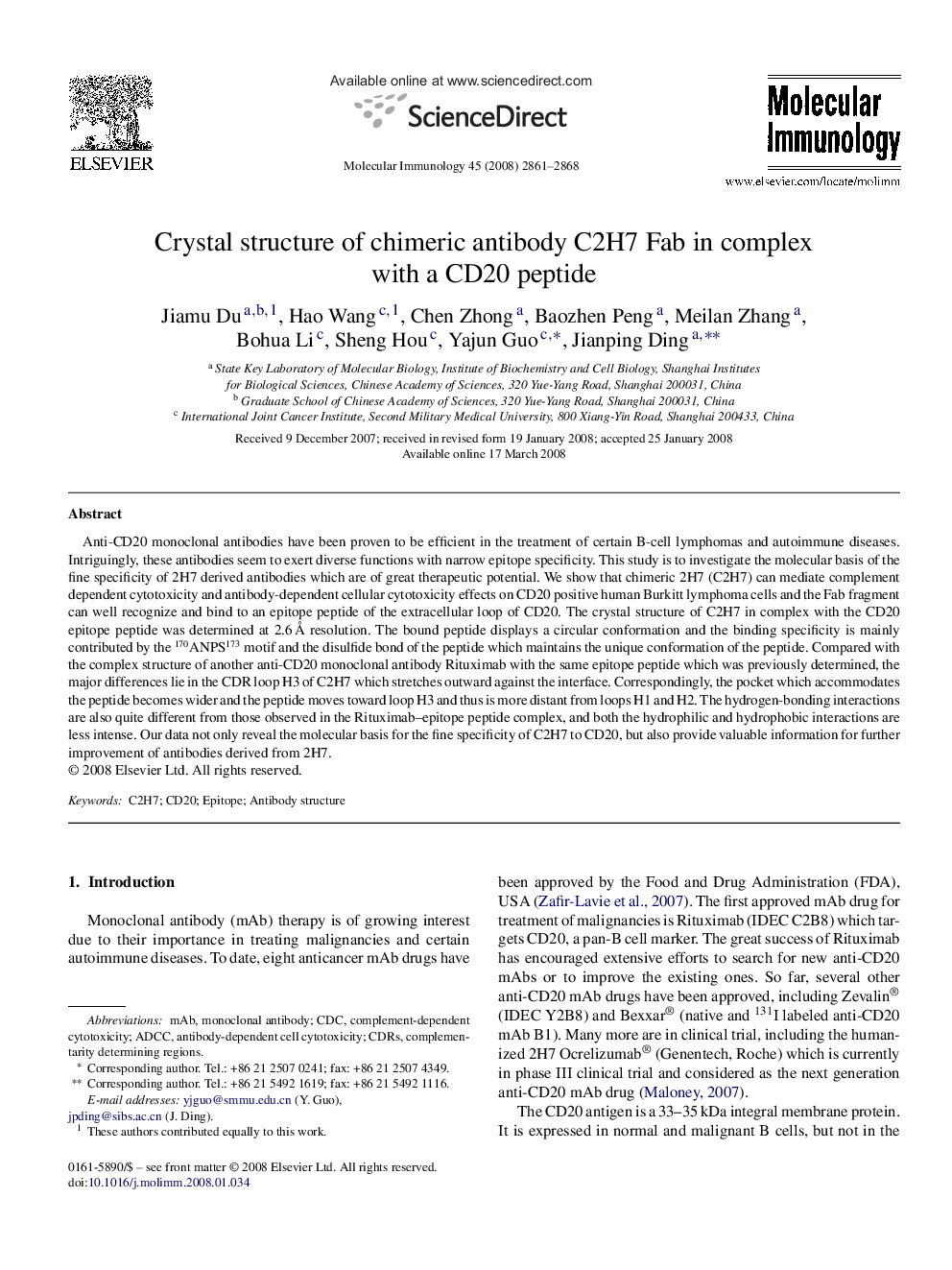 Crystal structure of chimeric antibody C2H7 Fab in complex with a CD20 peptide