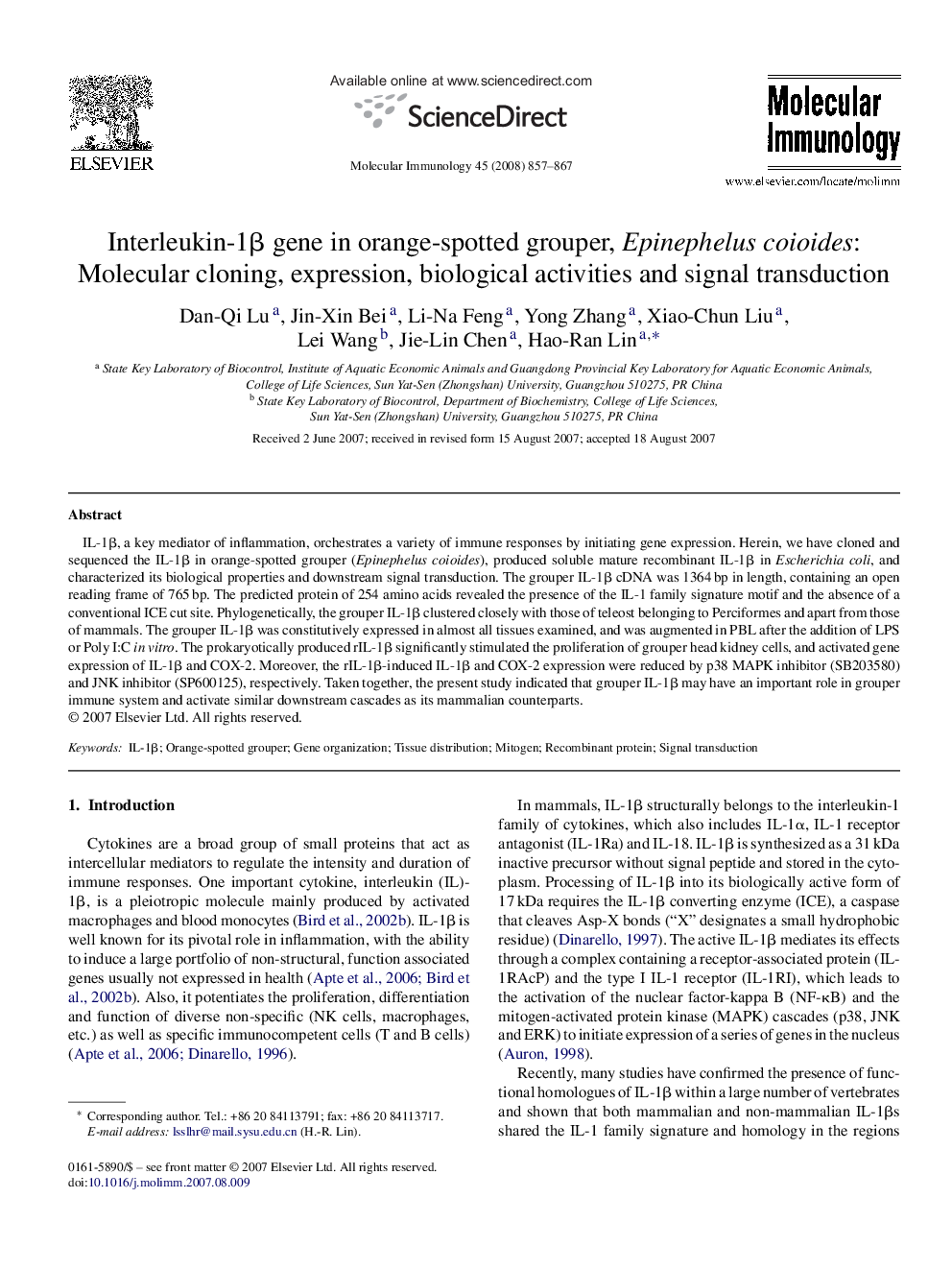 Interleukin-1β gene in orange-spotted grouper, Epinephelus coioides: Molecular cloning, expression, biological activities and signal transduction