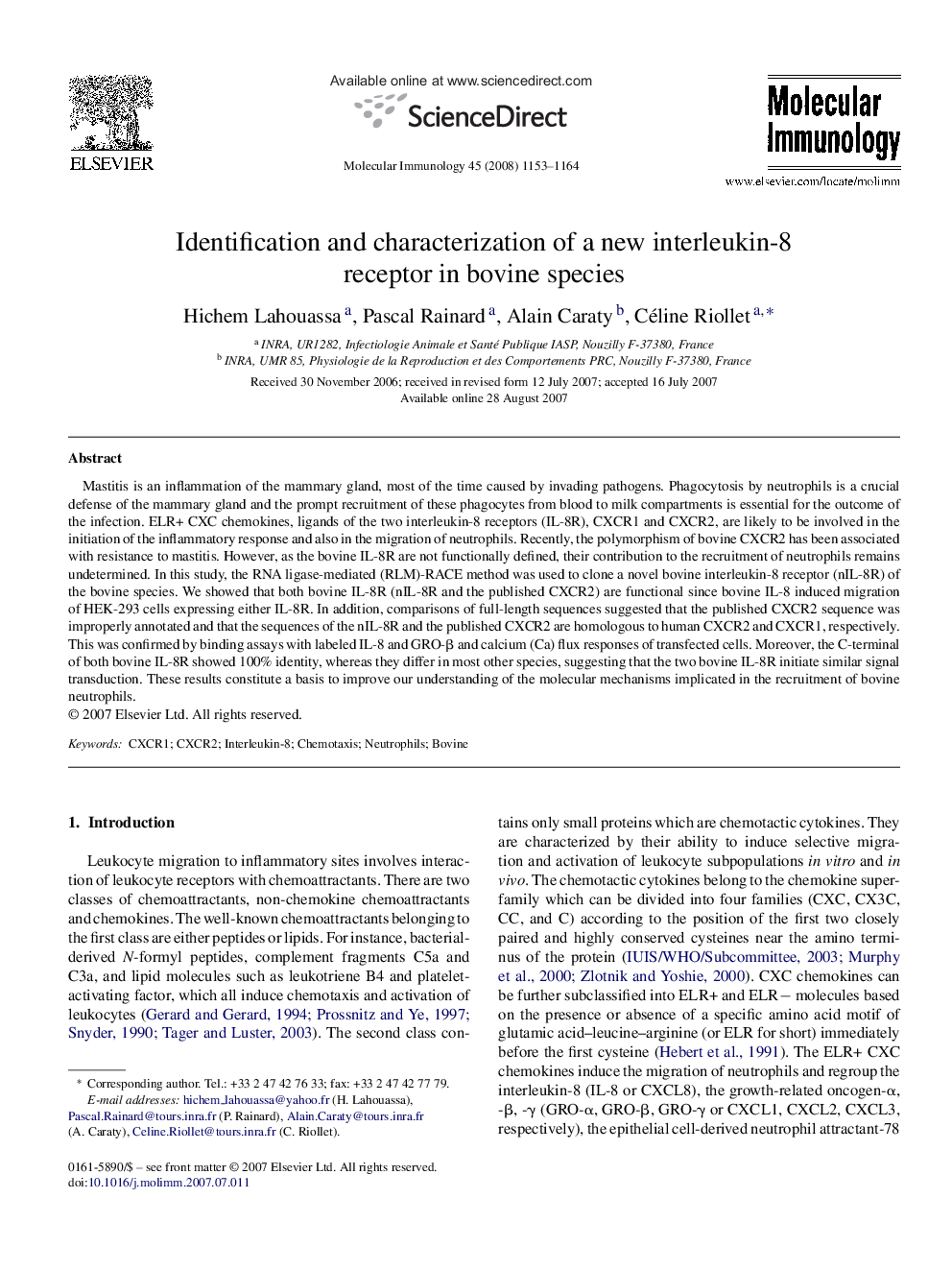 Identification and characterization of a new interleukin-8 receptor in bovine species