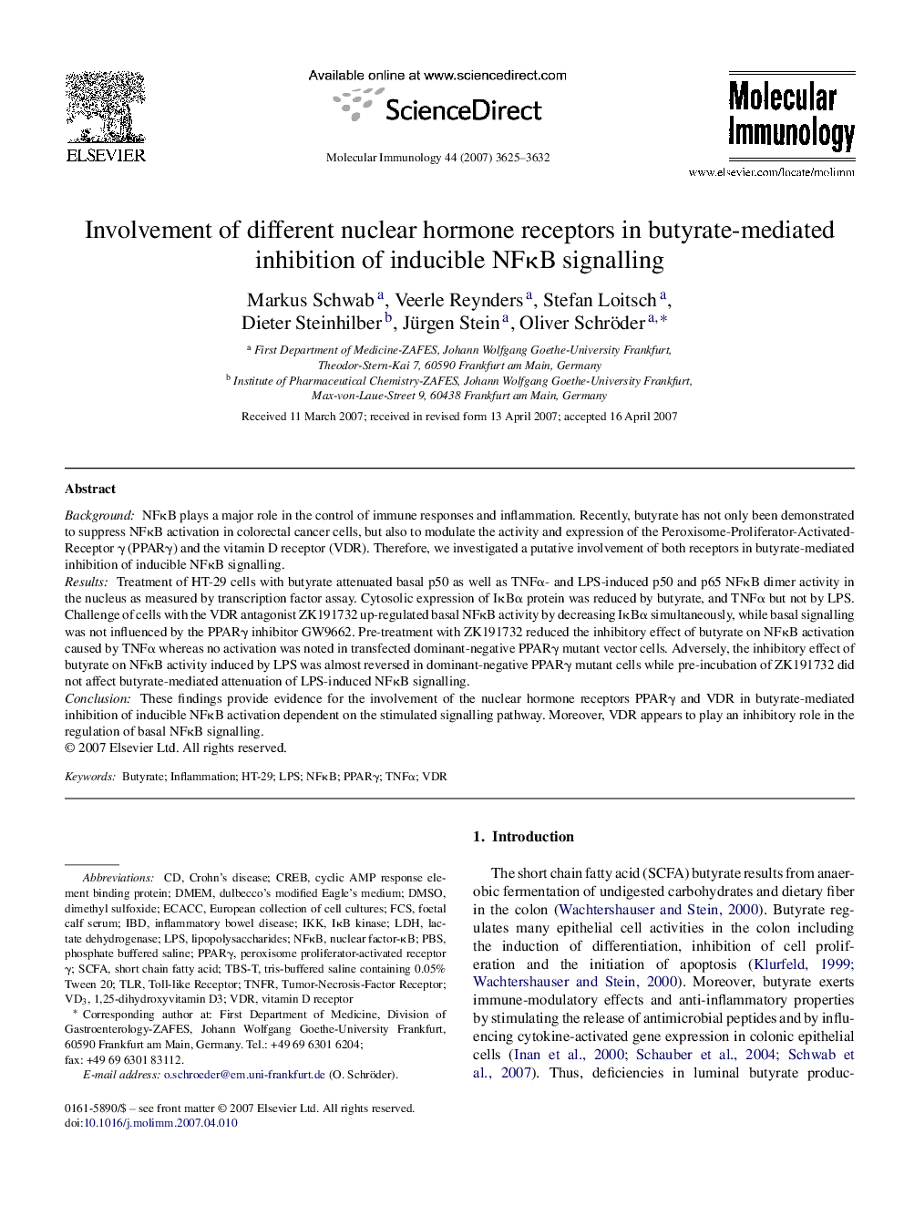 Involvement of different nuclear hormone receptors in butyrate-mediated inhibition of inducible NFκB signalling