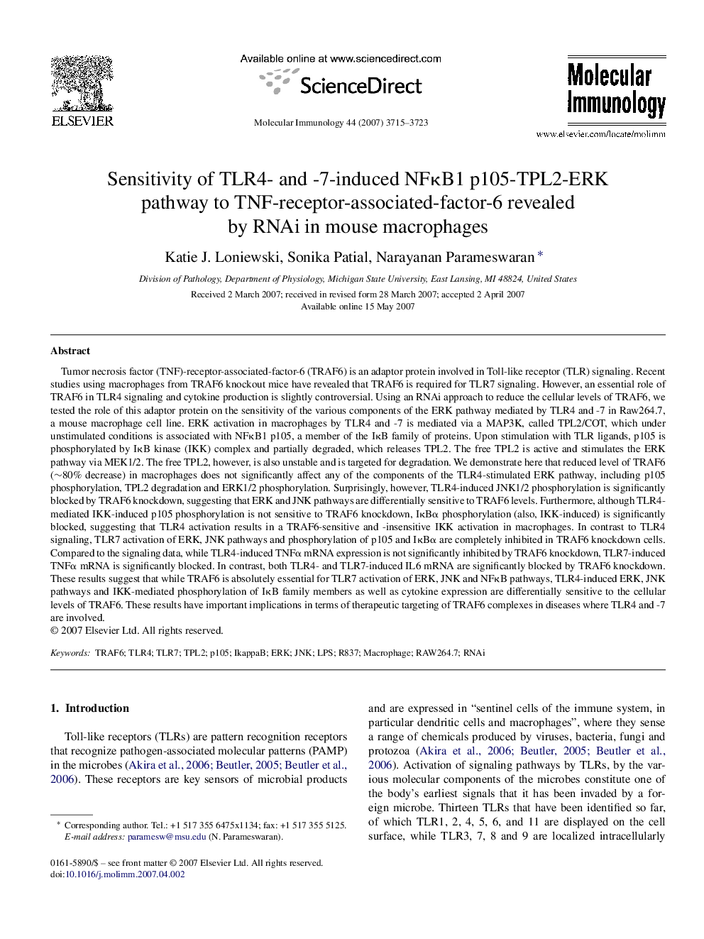 Sensitivity of TLR4- and -7-induced NFκB1 p105-TPL2-ERK pathway to TNF-receptor-associated-factor-6 revealed by RNAi in mouse macrophages