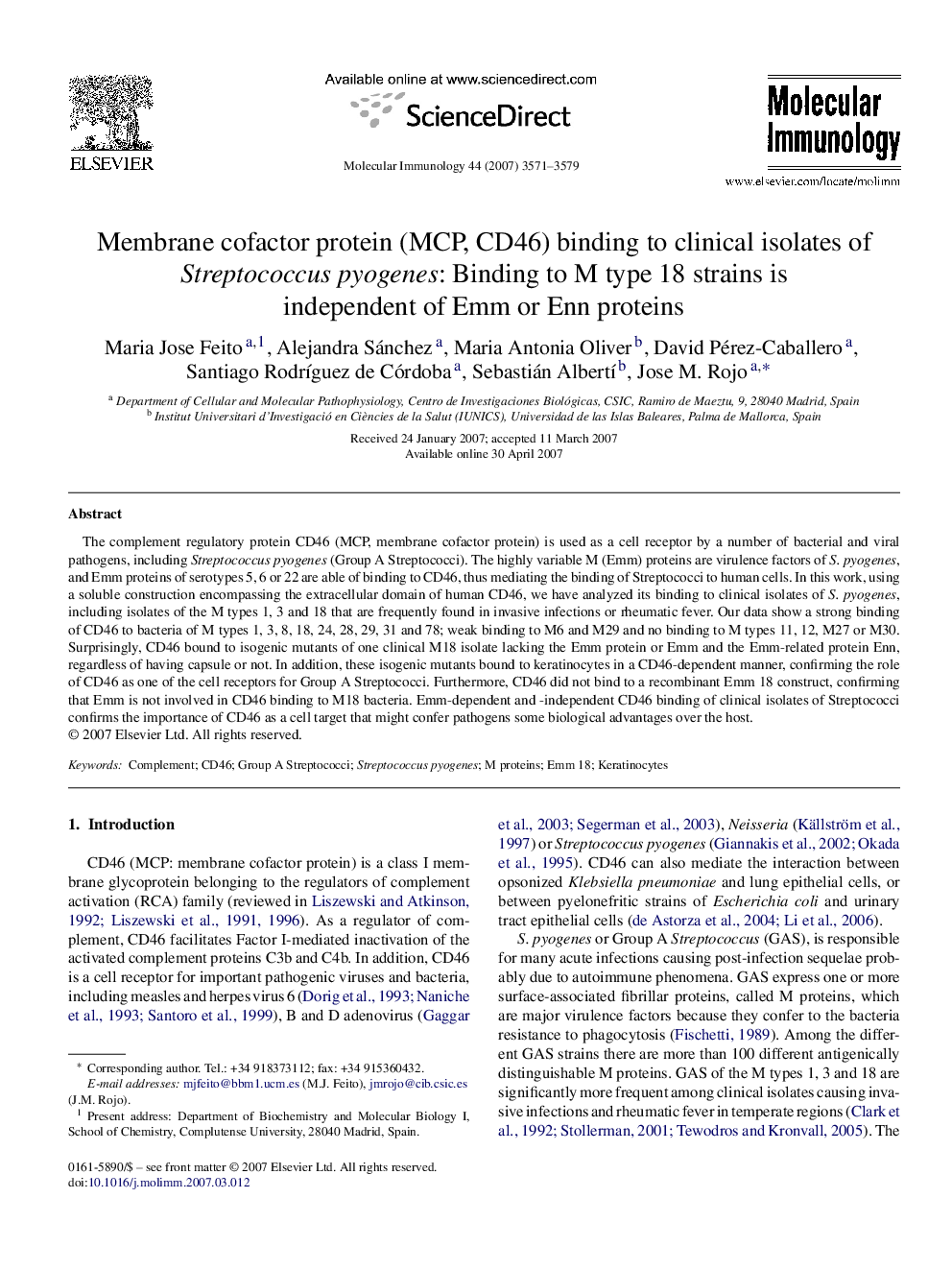 Membrane cofactor protein (MCP, CD46) binding to clinical isolates of Streptococcus pyogenes: Binding to M type 18 strains is independent of Emm or Enn proteins