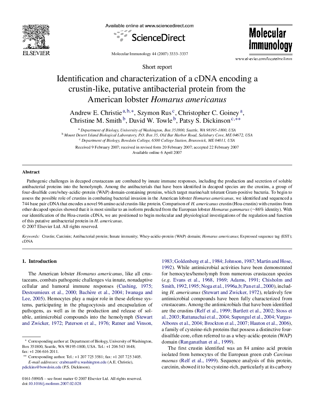 Identification and characterization of a cDNA encoding a crustin-like, putative antibacterial protein from the American lobster Homarus americanus