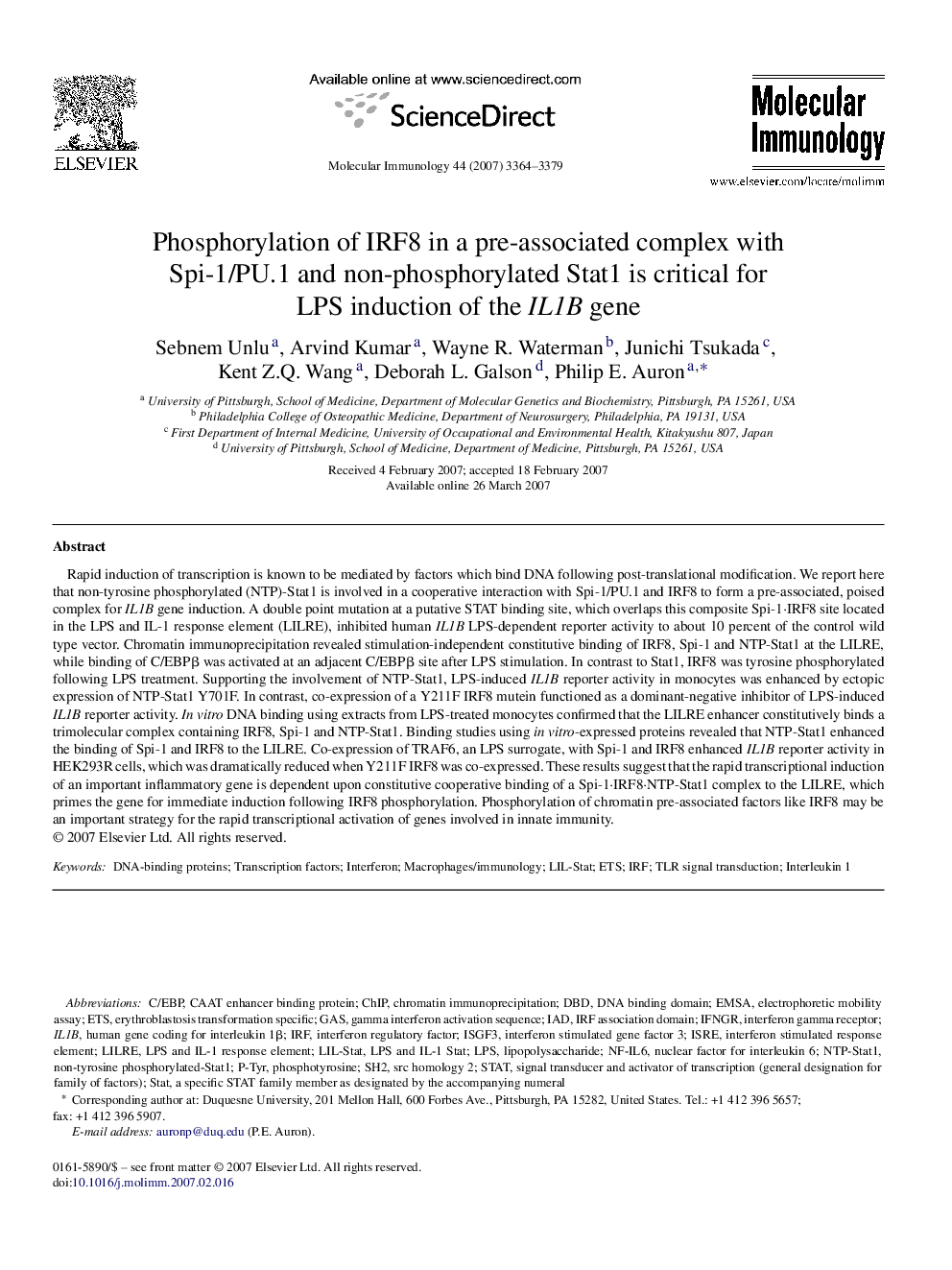 Phosphorylation of IRF8 in a pre-associated complex with Spi-1/PU.1 and non-phosphorylated Stat1 is critical for LPS induction of the IL1B gene