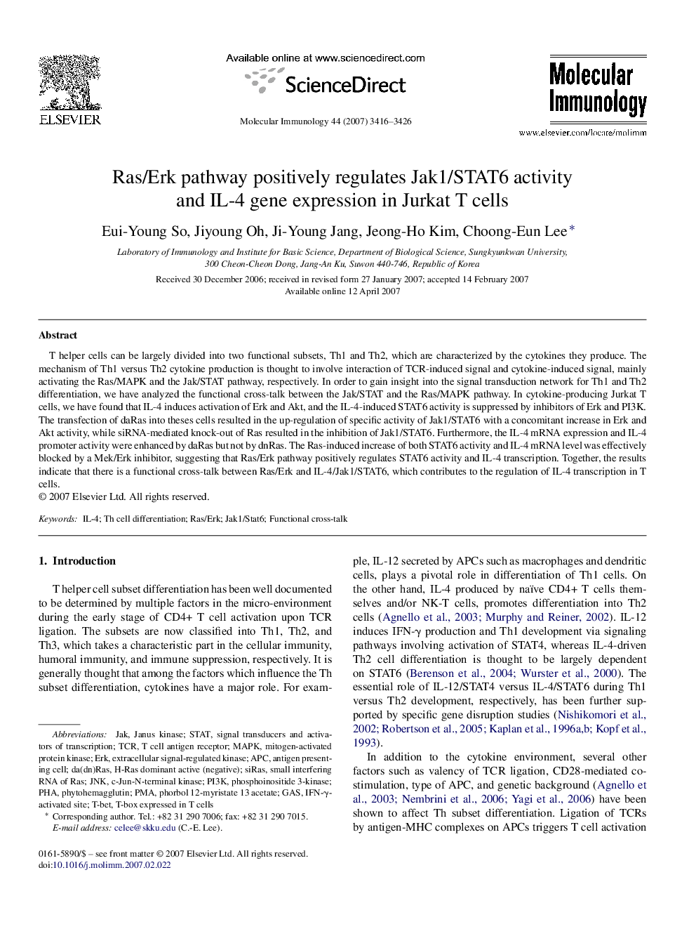 Ras/Erk pathway positively regulates Jak1/STAT6 activity and IL-4 gene expression in Jurkat T cells