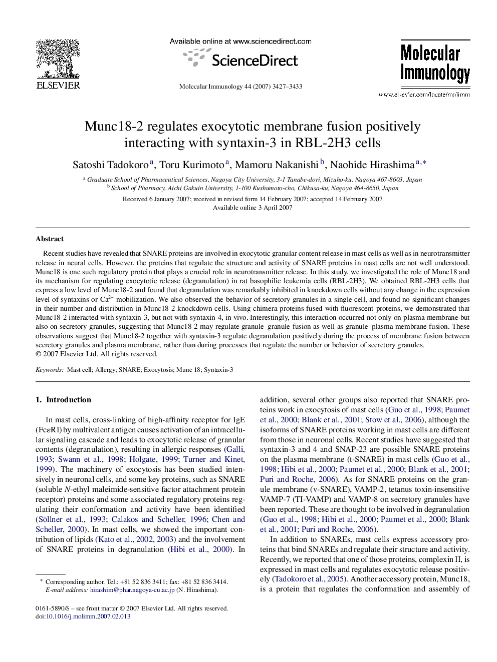 Munc18-2 regulates exocytotic membrane fusion positively interacting with syntaxin-3 in RBL-2H3 cells