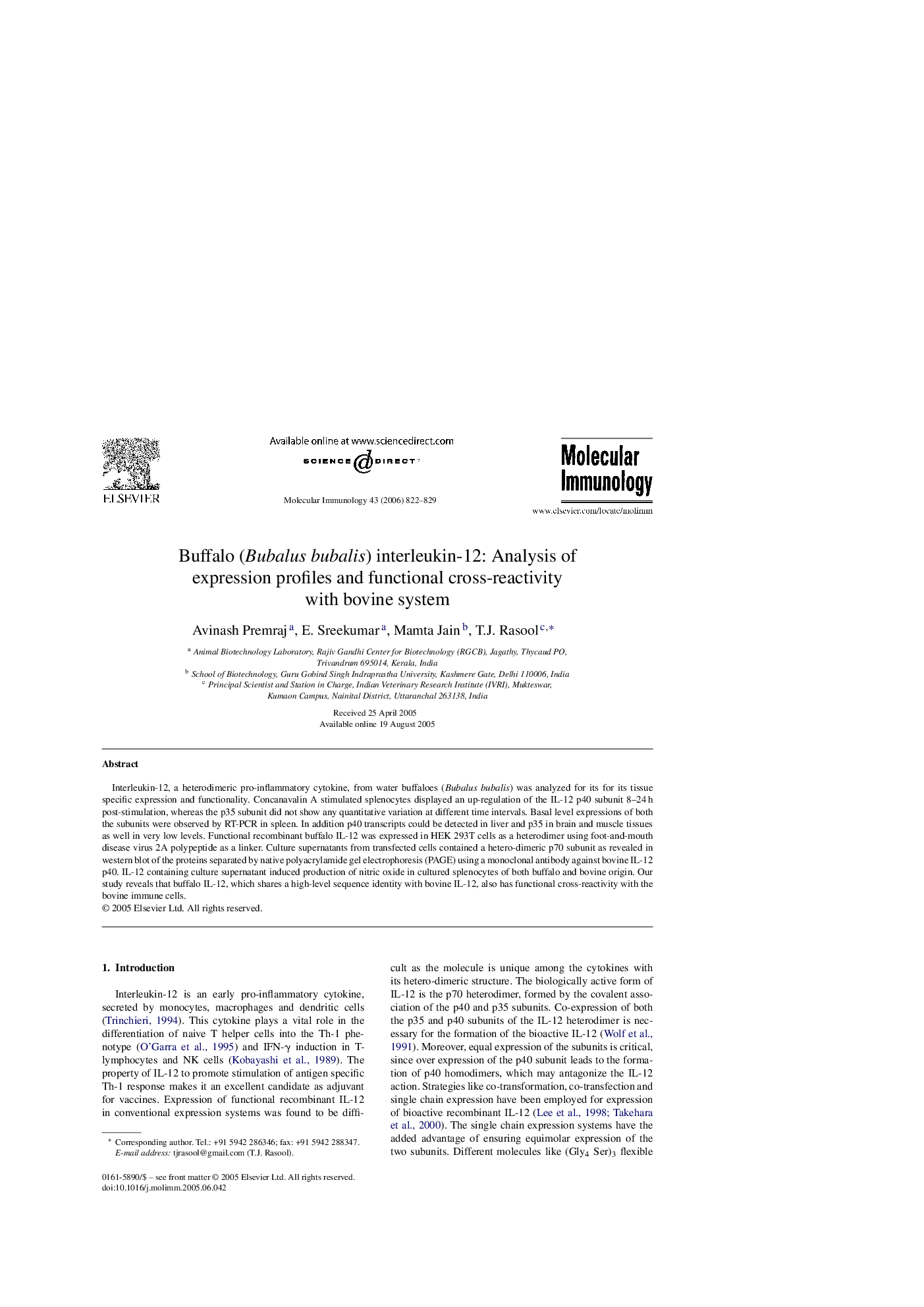 Buffalo (Bubalus bubalis) interleukin-12: Analysis of expression profiles and functional cross-reactivity with bovine system
