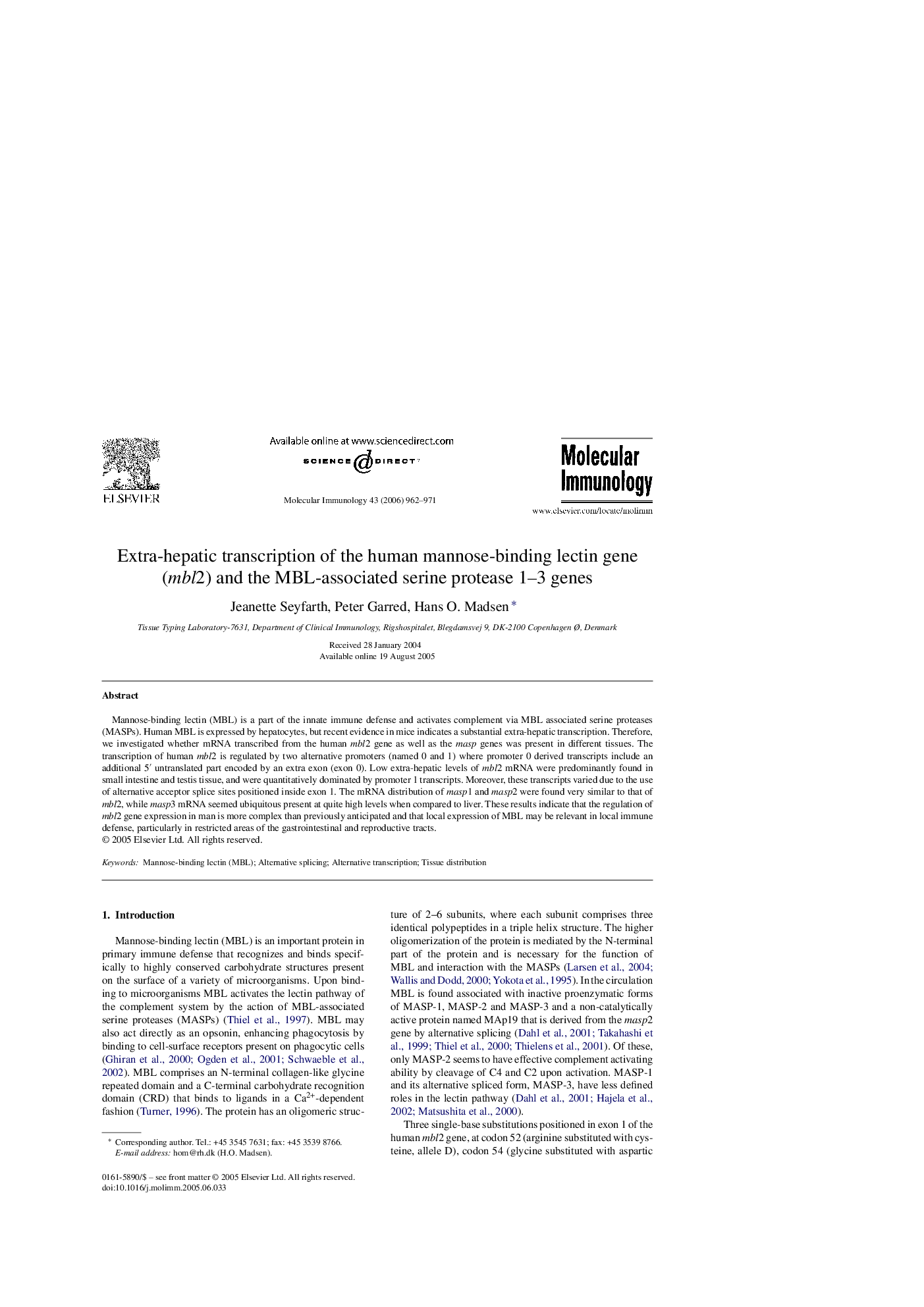 Extra-hepatic transcription of the human mannose-binding lectin gene (mbl2) and the MBL-associated serine protease 1–3 genes