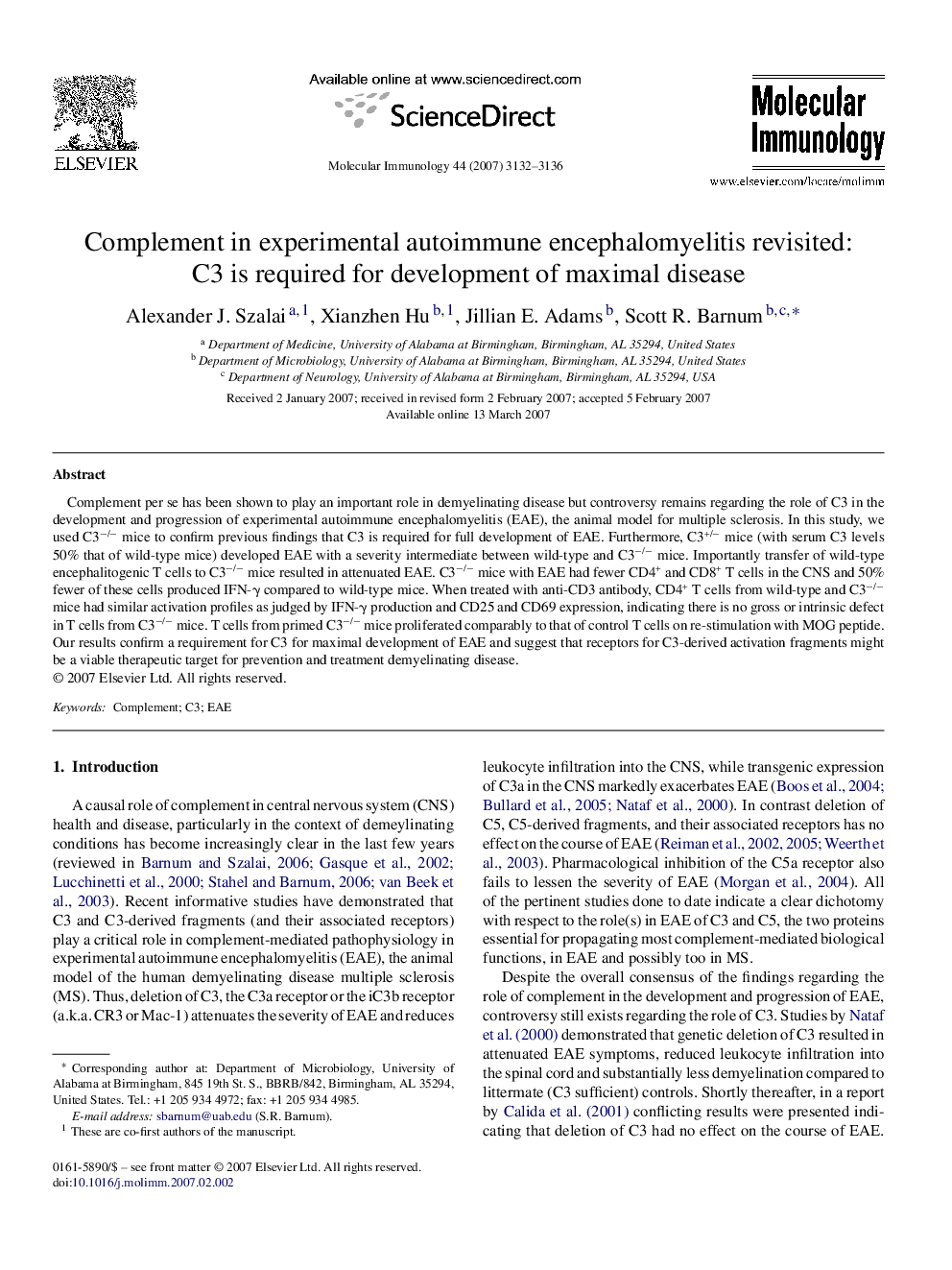 Complement in experimental autoimmune encephalomyelitis revisited: C3 is required for development of maximal disease