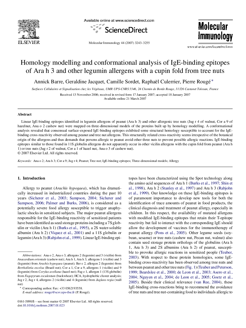 Homology modelling and conformational analysis of IgE-binding epitopes of Ara h 3 and other legumin allergens with a cupin fold from tree nuts