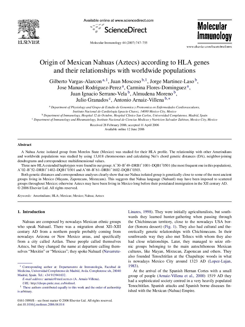 Origin of Mexican Nahuas (Aztecs) according to HLA genes and their relationships with worldwide populations