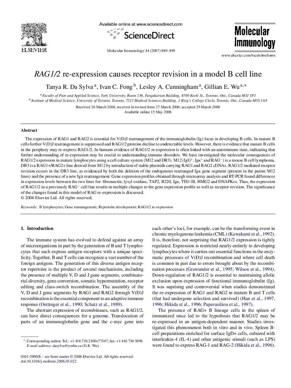 RAG1/2 re-expression causes receptor revision in a model B cell line