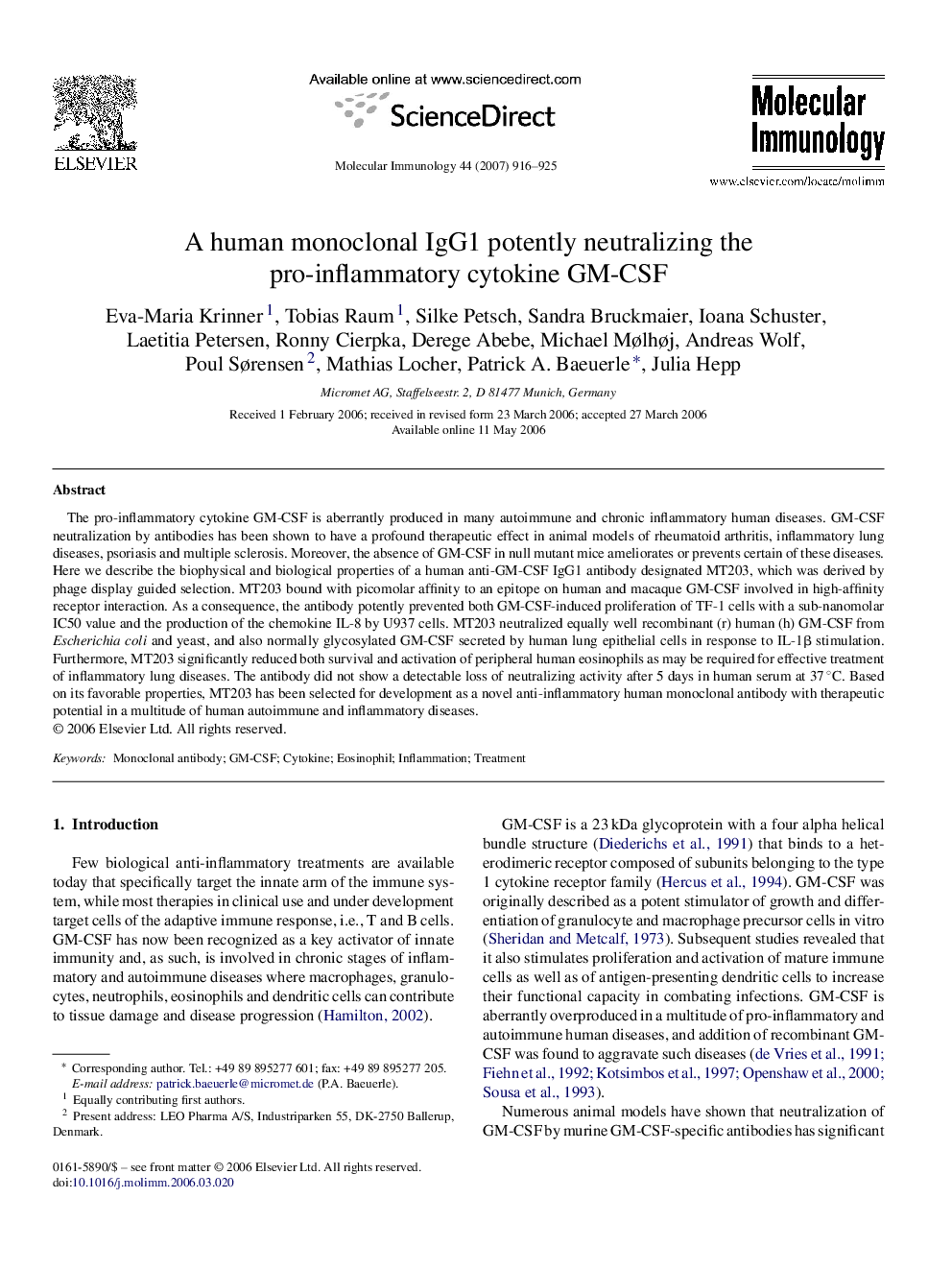 A human monoclonal IgG1 potently neutralizing the pro-inflammatory cytokine GM-CSF