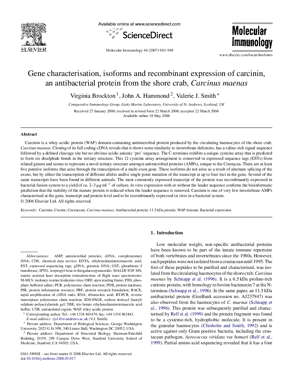 Gene characterisation, isoforms and recombinant expression of carcinin, an antibacterial protein from the shore crab, Carcinus maenas