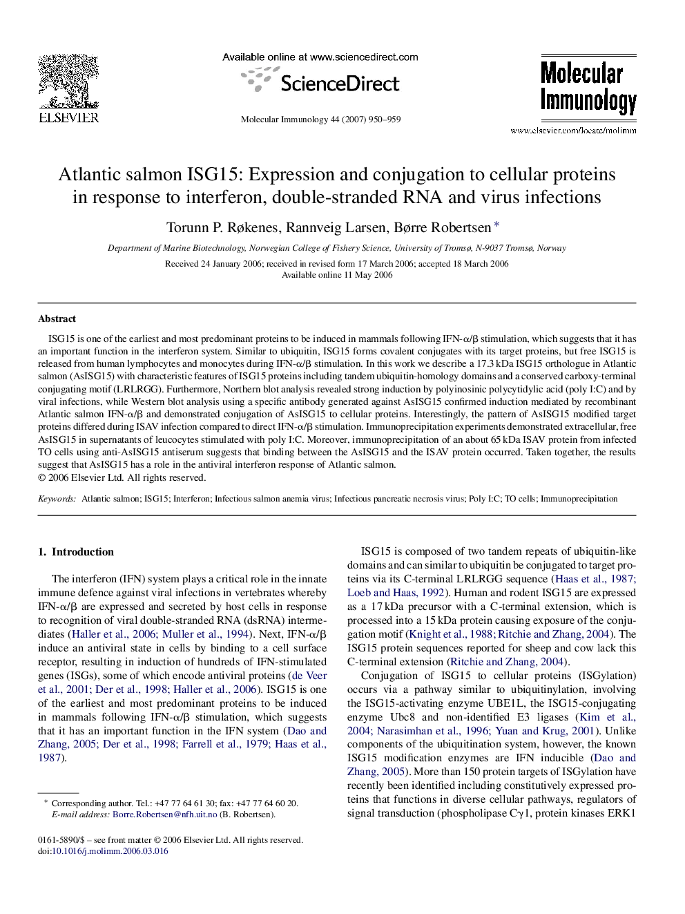 Atlantic salmon ISG15: Expression and conjugation to cellular proteins in response to interferon, double-stranded RNA and virus infections