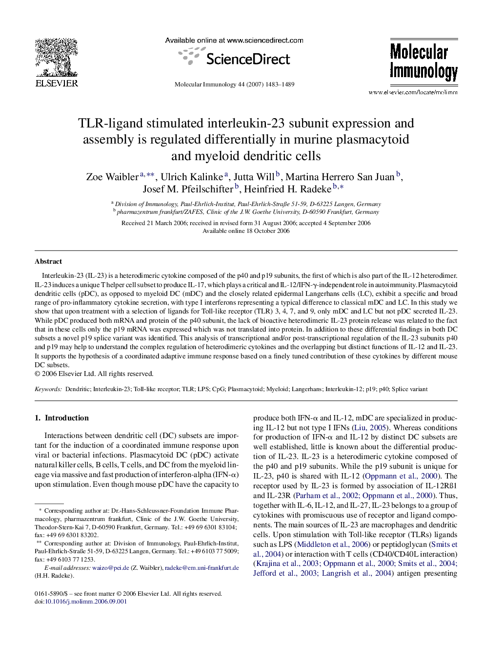 TLR-ligand stimulated interleukin-23 subunit expression and assembly is regulated differentially in murine plasmacytoid and myeloid dendritic cells