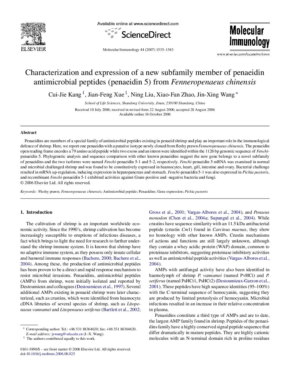 Characterization and expression of a new subfamily member of penaeidin antimicrobial peptides (penaeidin 5) from Fenneropenaeus chinensis