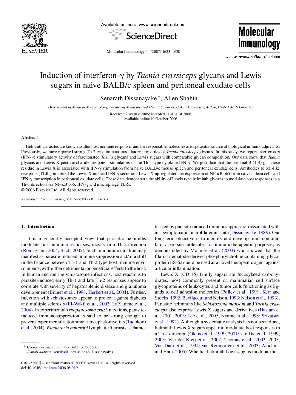 Induction of interferon-γ by Taenia crassiceps glycans and Lewis sugars in naive BALB/c spleen and peritoneal exudate cells