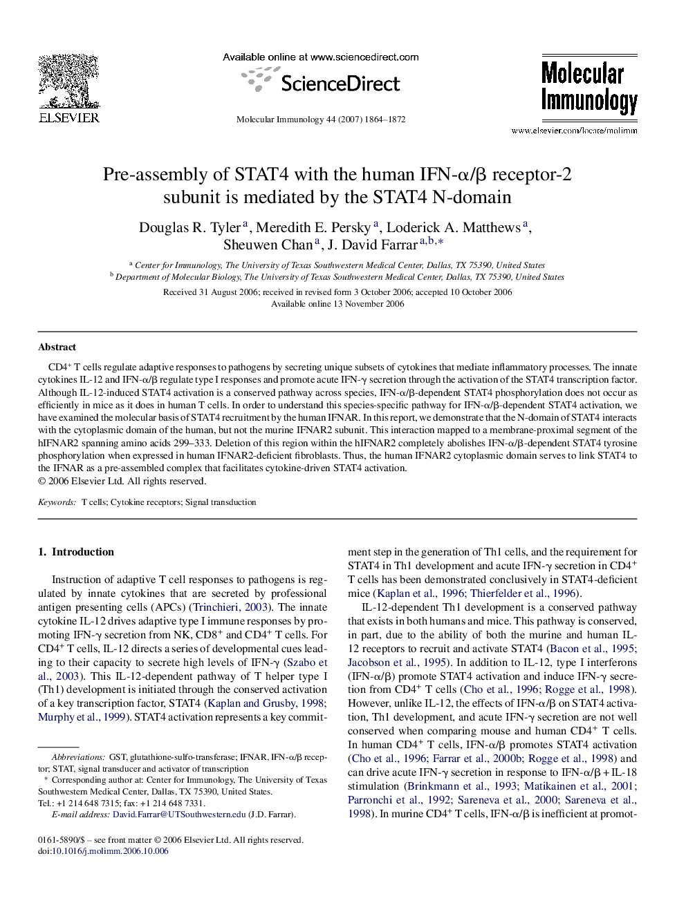 Pre-assembly of STAT4 with the human IFN-α/β receptor-2 subunit is mediated by the STAT4 N-domain