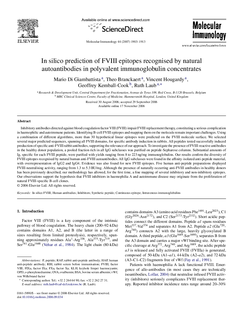 In silico prediction of FVIII epitopes recognised by natural autoantibodies in polyvalent immunoglobulin concentrates