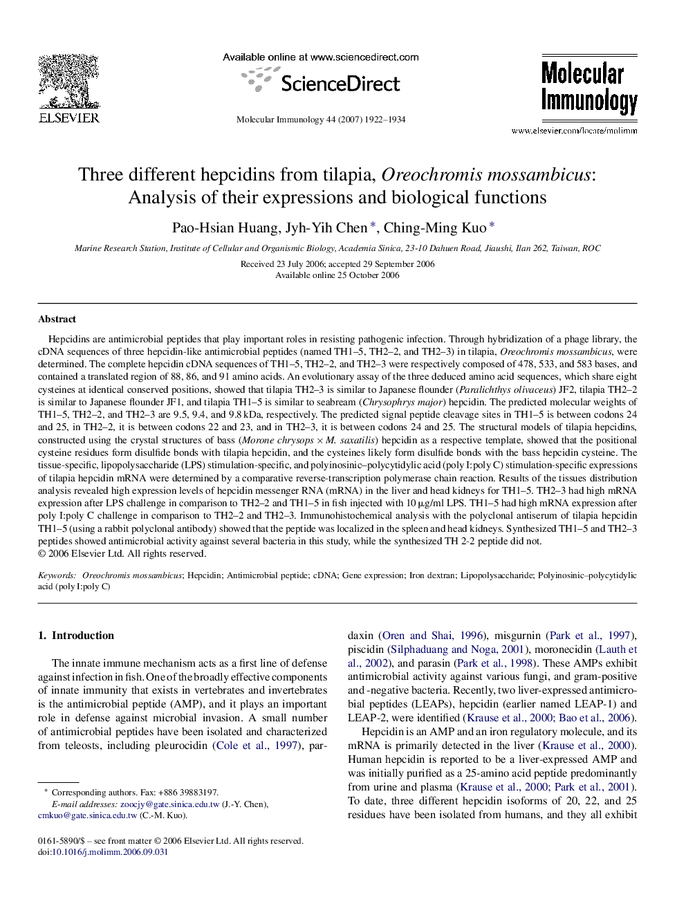 Three different hepcidins from tilapia, Oreochromis mossambicus: Analysis of their expressions and biological functions