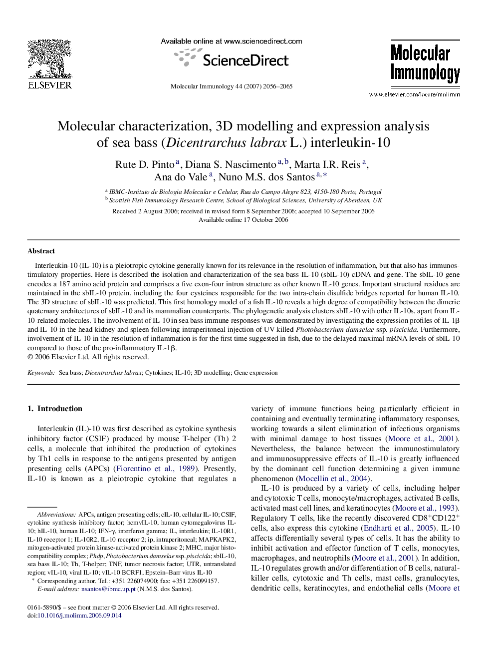 Molecular characterization, 3D modelling and expression analysis of sea bass (Dicentrarchus labrax L.) interleukin-10