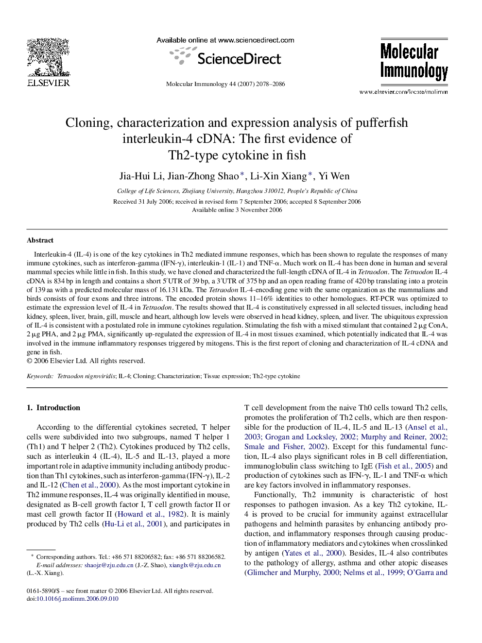 Cloning, characterization and expression analysis of pufferfish interleukin-4 cDNA: The first evidence of Th2-type cytokine in fish