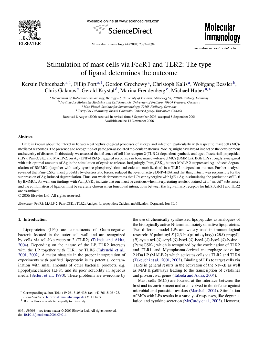 Stimulation of mast cells via FcɛR1 and TLR2: The type of ligand determines the outcome