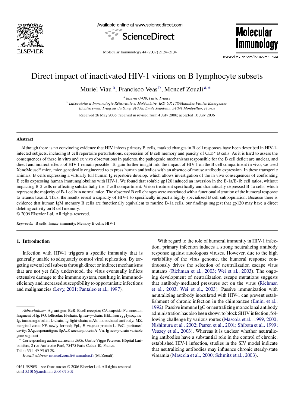 Direct impact of inactivated HIV-1 virions on B lymphocyte subsets