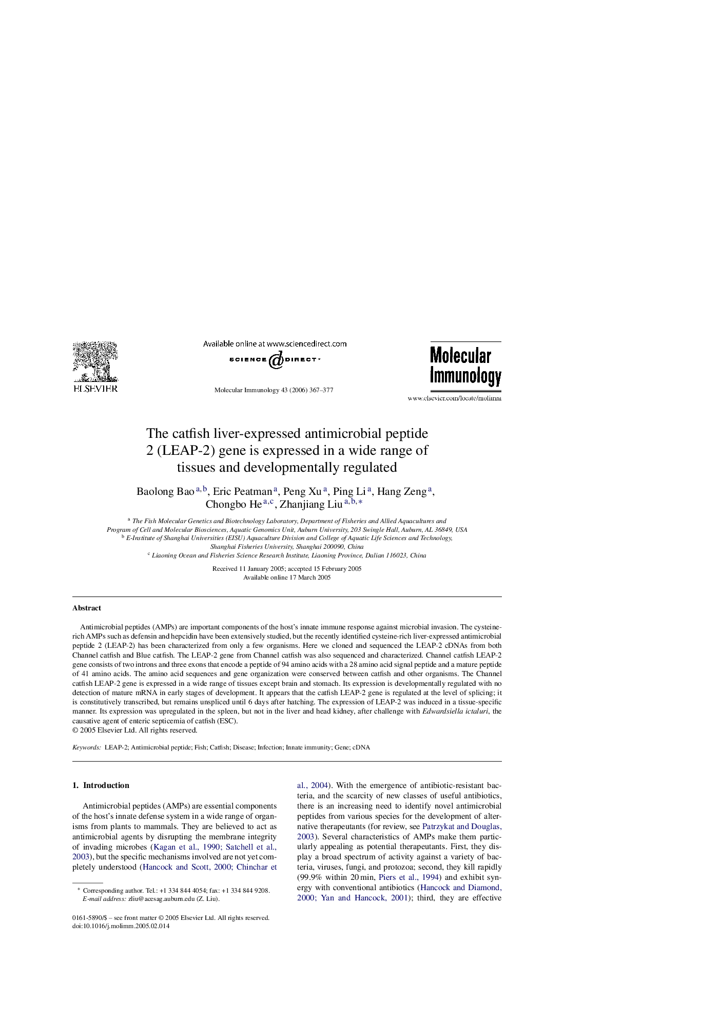 The catfish liver-expressed antimicrobial peptide 2 (LEAP-2) gene is expressed in a wide range of tissues and developmentally regulated