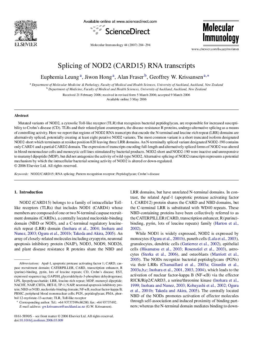 Splicing of NOD2 (CARD15) RNA transcripts