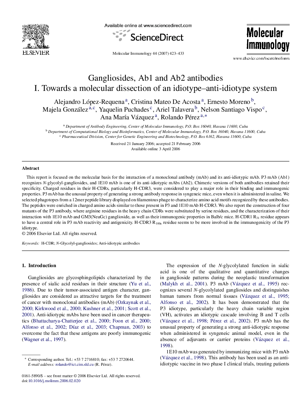 عکس صفحه اول مقاله: Gangliosides, Ab1 and Ab2 antibodies: I. Towards a molecular dissection of an idiotype–anti-idiotype system Gangliosides, Ab1 and Ab2 antibodies: I. Towards a molecular dissection of an idiotype–anti-idiotype system