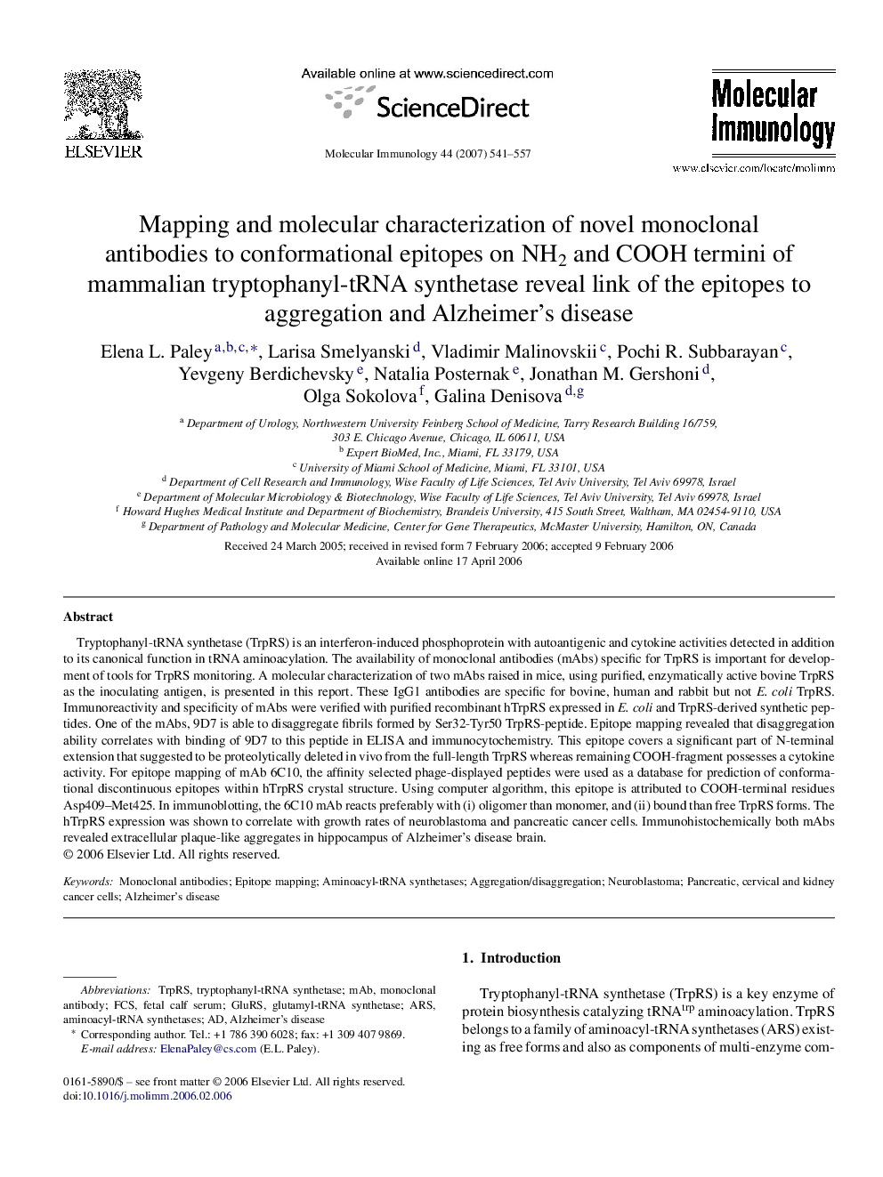 Mapping and molecular characterization of novel monoclonal antibodies to conformational epitopes on NH2 and COOH termini of mammalian tryptophanyl-tRNA synthetase reveal link of the epitopes to aggregation and Alzheimer's disease