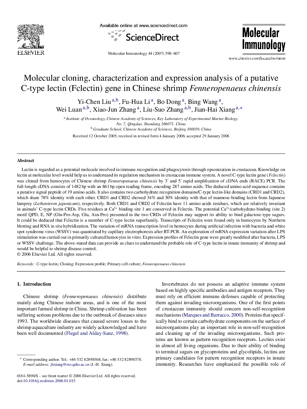 Molecular cloning, characterization and expression analysis of a putative C-type lectin (Fclectin) gene in Chinese shrimp Fenneropenaeus chinensis