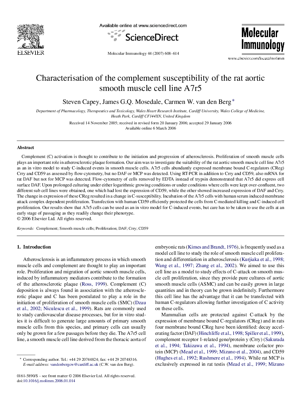 Characterisation of the complement susceptibility of the rat aortic smooth muscle cell line A7r5