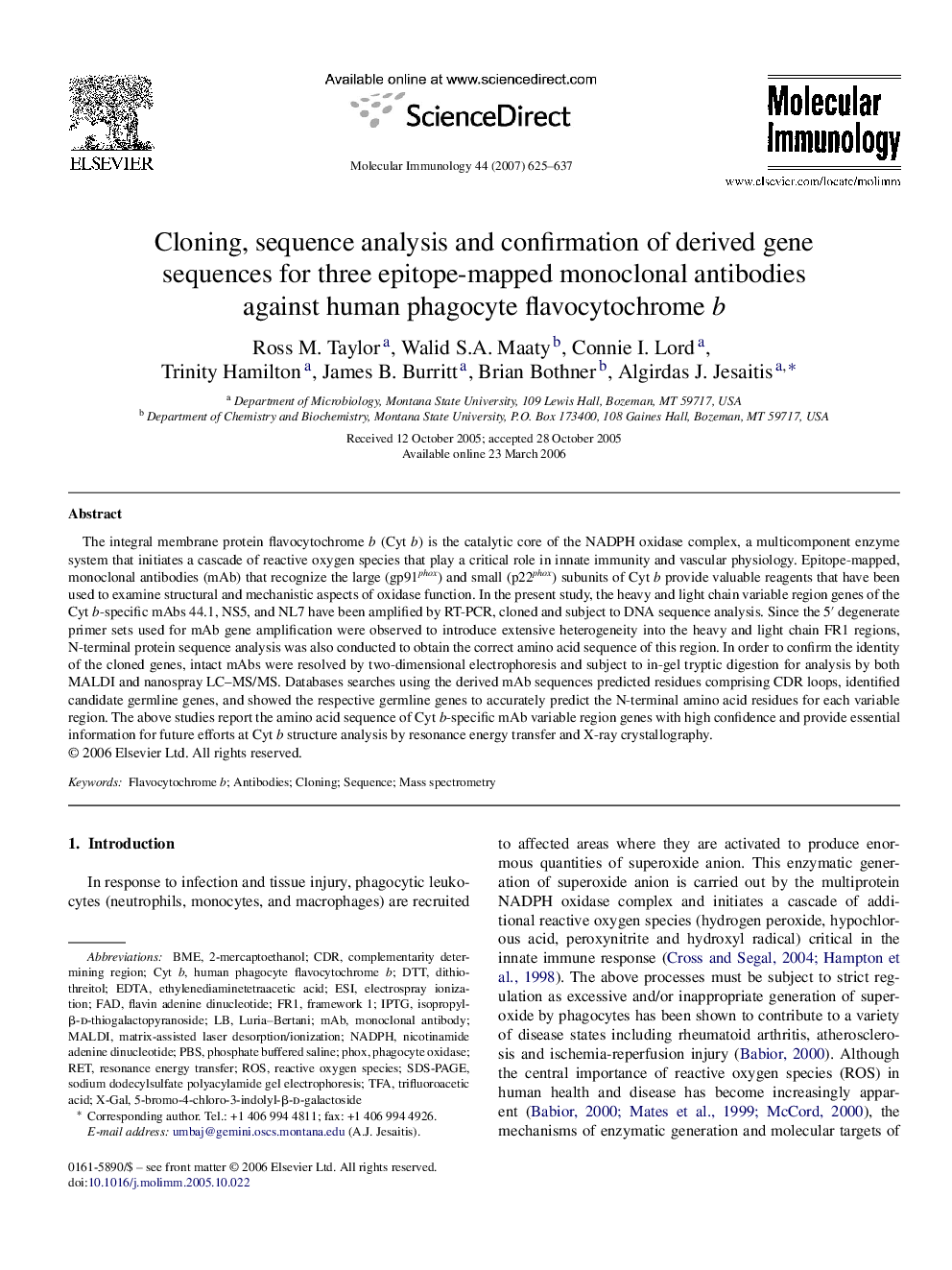 Cloning, sequence analysis and confirmation of derived gene sequences for three epitope-mapped monoclonal antibodies against human phagocyte flavocytochrome b