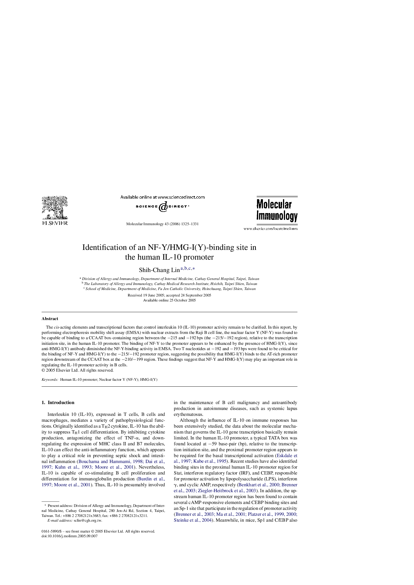 Identification of an NF-Y/HMG-I(Y)-binding site in the human IL-10 promoter