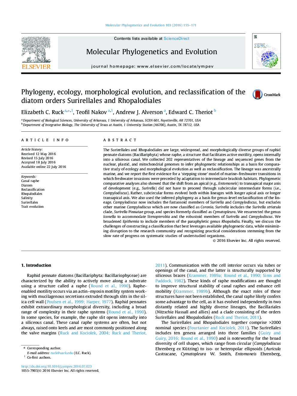 Phylogeny, ecology, morphological evolution, and reclassification of the diatom orders Surirellales and Rhopalodiales