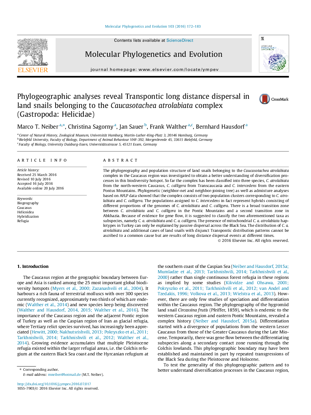 Phylogeographic analyses reveal Transpontic long distance dispersal in land snails belonging to the Caucasotachea atrolabiata complex (Gastropoda: Helicidae)