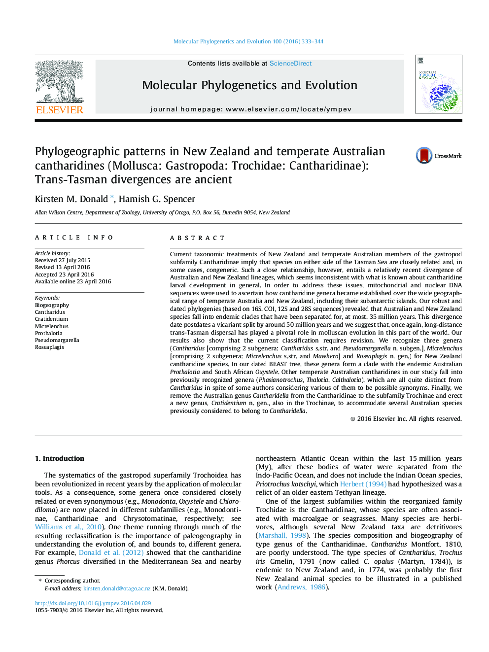 Phylogeographic patterns in New Zealand and temperate Australian cantharidines (Mollusca: Gastropoda: Trochidae: Cantharidinae): Trans-Tasman divergences are ancient