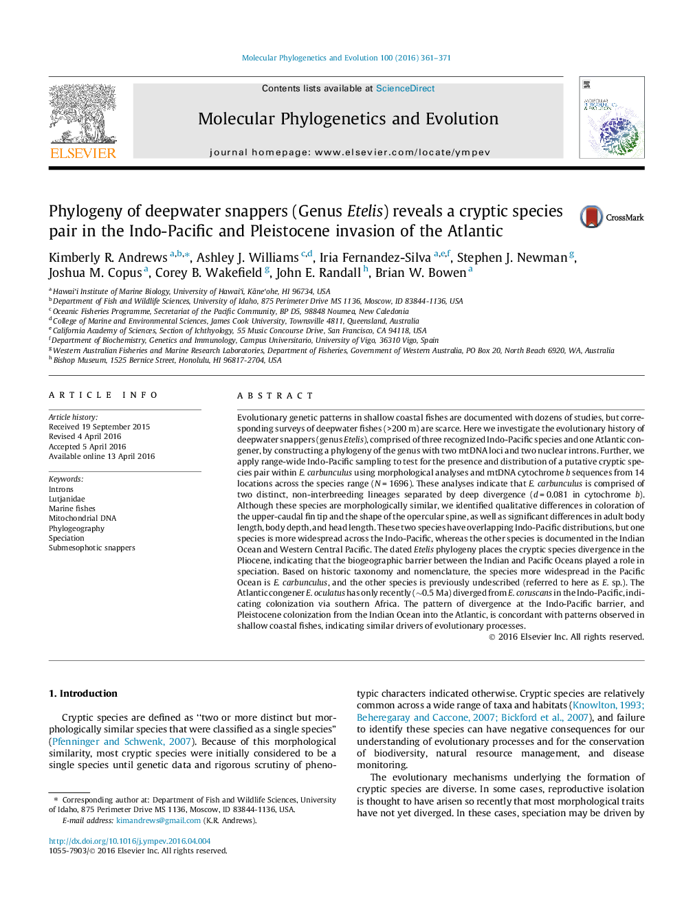 Phylogeny of deepwater snappers (Genus Etelis) reveals a cryptic species pair in the Indo-Pacific and Pleistocene invasion of the Atlantic