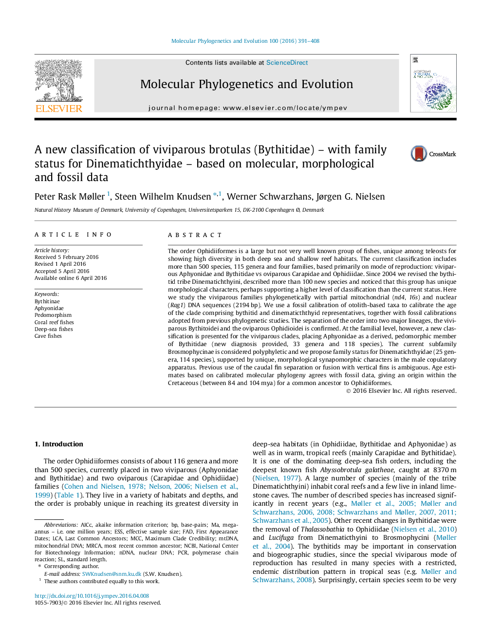 A new classification of viviparous brotulas (Bythitidae) – with family status for Dinematichthyidae – based on molecular, morphological and fossil data