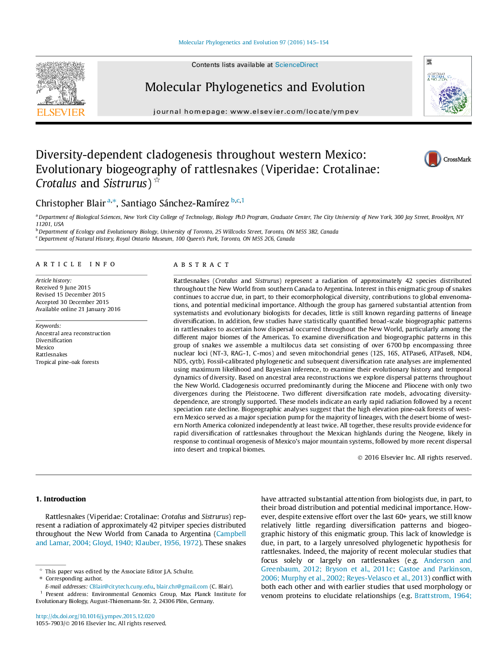 Diversity-dependent cladogenesis throughout western Mexico: Evolutionary biogeography of rattlesnakes (Viperidae: Crotalinae: Crotalus and Sistrurus) 