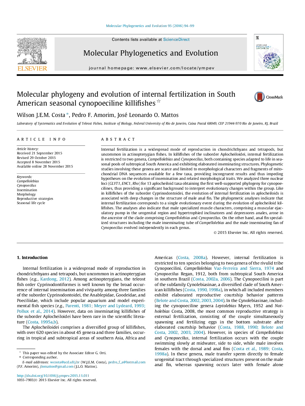 Molecular phylogeny and evolution of internal fertilization in South American seasonal cynopoeciline killifishes 