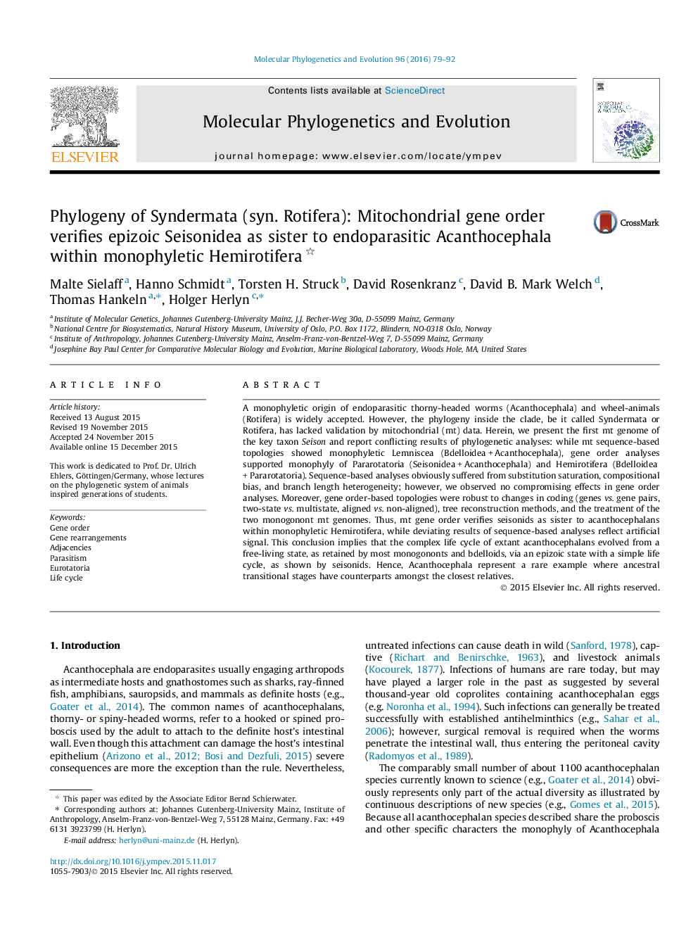 Phylogeny of Syndermata (syn. Rotifera): Mitochondrial gene order verifies epizoic Seisonidea as sister to endoparasitic Acanthocephala within monophyletic Hemirotifera 