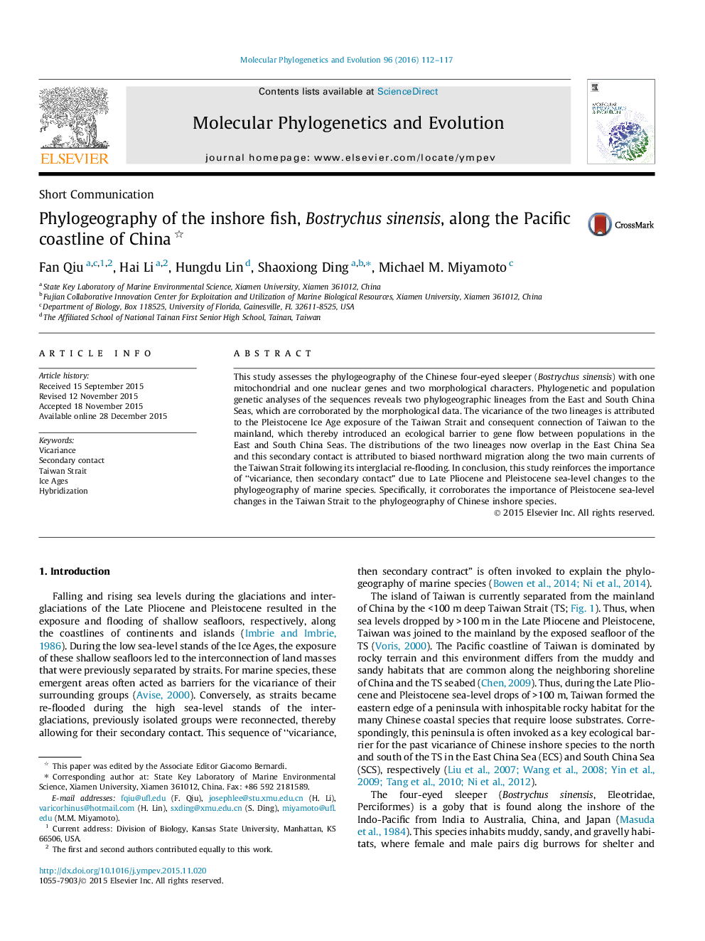 Phylogeography of the inshore fish, Bostrychus sinensis, along the Pacific coastline of China 