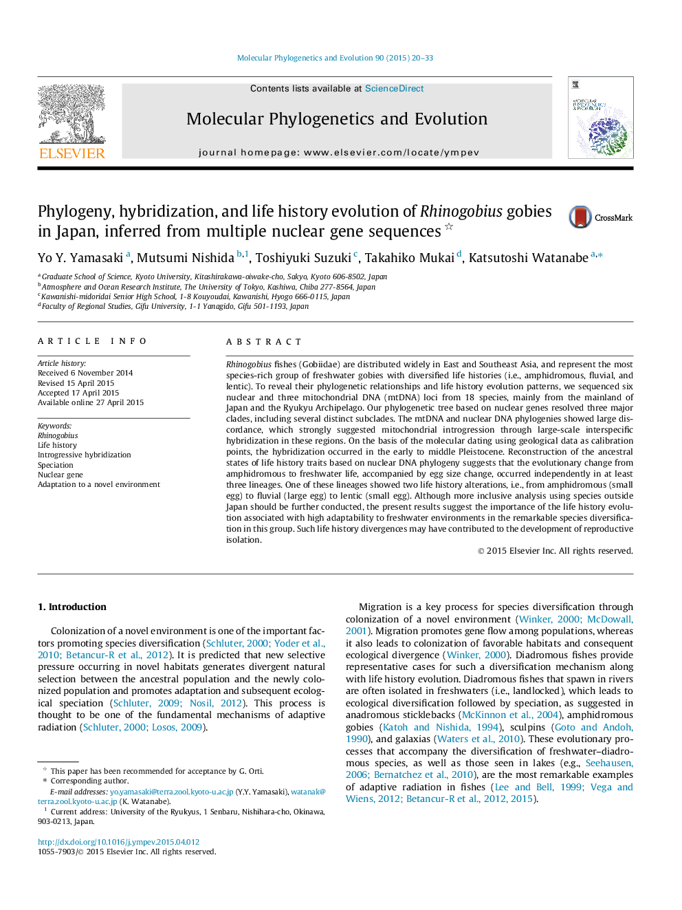 Phylogeny, hybridization, and life history evolution of Rhinogobius gobies in Japan, inferred from multiple nuclear gene sequences 